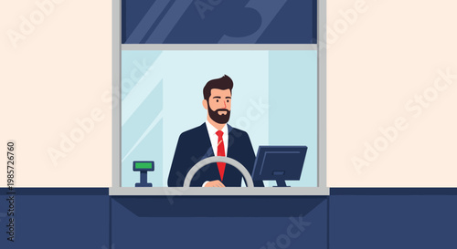 Professional male bank teller in a suit provides financial services behind a glass window with a computer terminal in a modern bank branch.