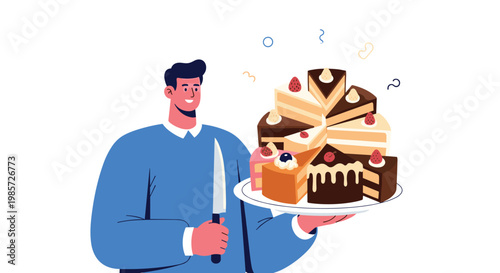 Happy man in a blue sweater holds a large plate filled with various delicious slices of chocolate, fruit, and cream cakes for a celebration.