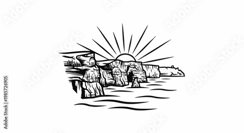 Stylized black and white depiction of coastal cliffs at sunrise over ocean waves