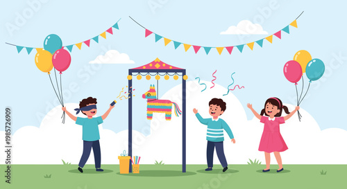Group of happy children celebrating at a birthday party with a colorful pi�ata, balloons, and festive bunting in an outdoor garden.