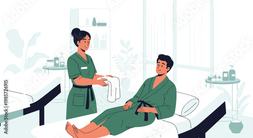 Professional spa therapist providing a fresh white towel to a male client relaxing on a massage table in a modern wellness center.