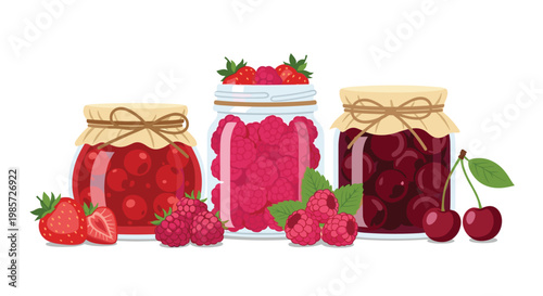 Three traditional glass jars filled with delicious homemade strawberry, raspberry, and cherry jams surrounded by fresh forest fruits.