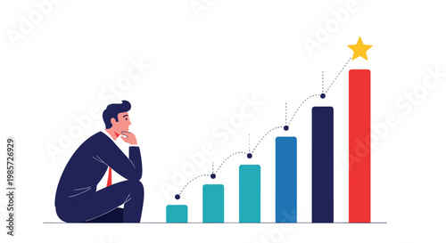 Ambitious businessman looking thoughtfully at a rising bar chart with a star at the top, representing growth, goals, and success.