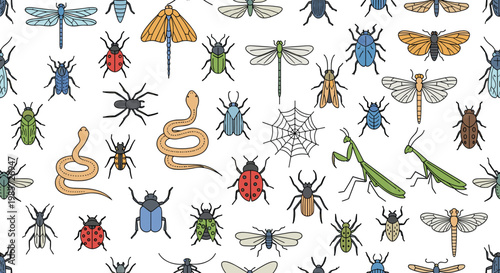 Colorful seamless pattern featuring a diverse collection of insects including beetles, butterflies, dragonflies, and garden bugs.