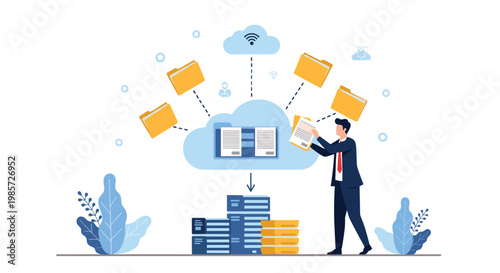 Professional businessman organizing digital files by uploading document folders to a secure cloud storage server system.