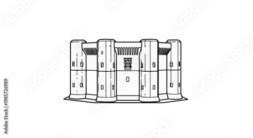 Stylized black and white illustration of a fortified castle with round towers