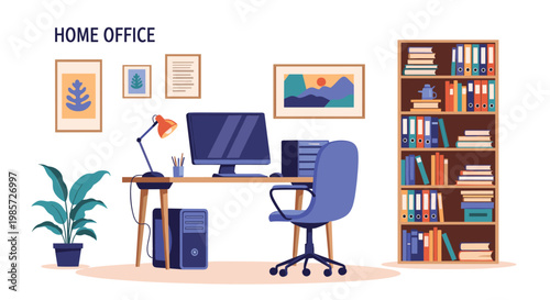 Cozy and organized home office interior design featuring a wooden desk, computer, comfortable chair, and full bookshelf.