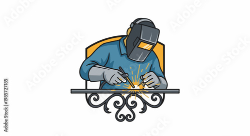 Welder with mask and gloves sparks metal with torch