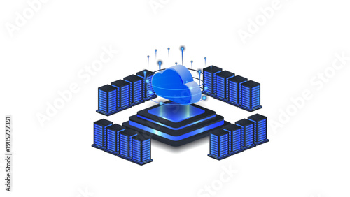 Isometric cloud storage platform surrounded by server clusters representing scalable data center network infrastructure.