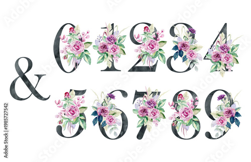 Vector watercolor floral numbers for wedding invitations, greeting card, birthday, logo, poster and other.