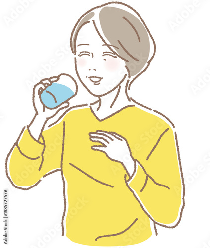 コップで水を飲む清潔感のある中高年女性のベクターイラスト / Vector illustration of a clean-cut middle-aged woman drinking a glass of water