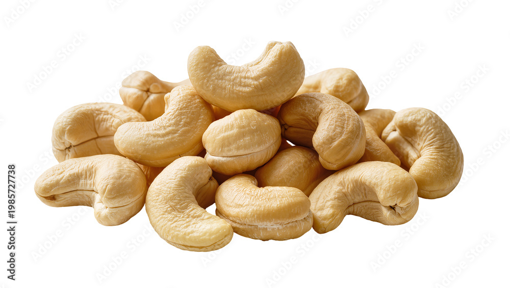 Fototapeta premium Pile of raw cashew nuts curved shape light brown color, isolated on transparent background