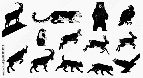 Black silhouettes of various wild animals including goat, leopard, bear, eagle, rabbit, and cat on white background for design and illustration