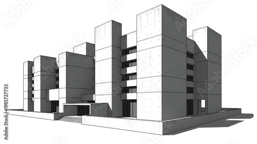 A 3d rendering of a modern concrete building complex with a sleek design on isolated white background.