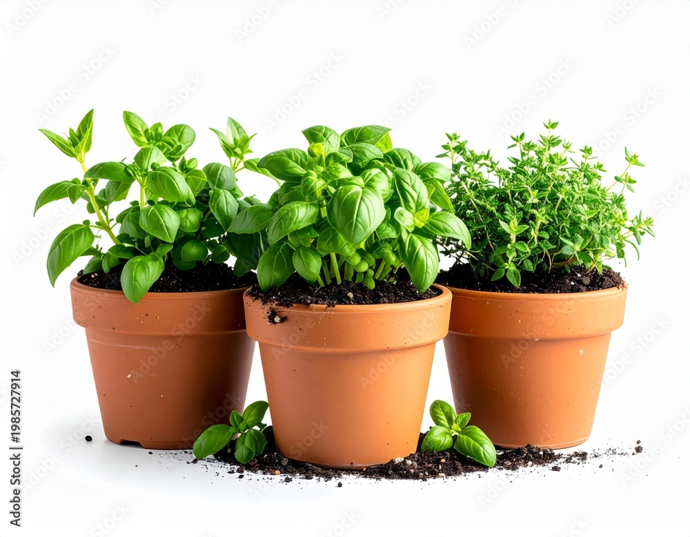 Fototapeta premium Three Terracotta Pots Containing Fresh Green Herbs Mint Basil Thyme Isolated White Background