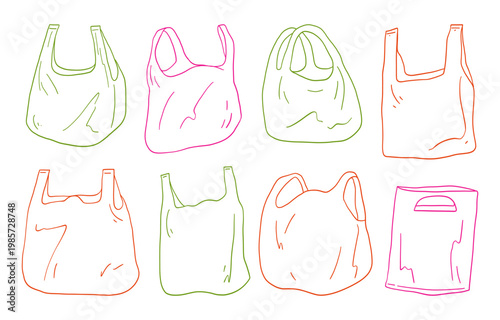 Reusable Bag Doodle Set Hand Drawn Tote Plastic Bag Eco Lifestyle Shopping Illustration Pack
