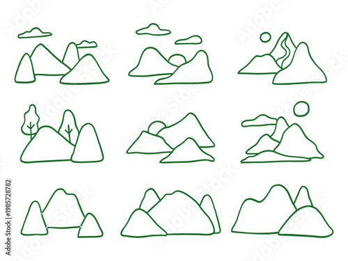 Mountain Landscape Doodle Set Hand Drawn Nature Scene Outline Hills Outdoor Illustration Pack