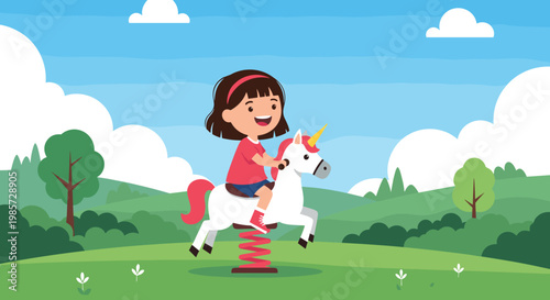Joyful little girl riding a white unicorn spring rocker in a green park on a beautiful sunny day with blue sky and clouds.