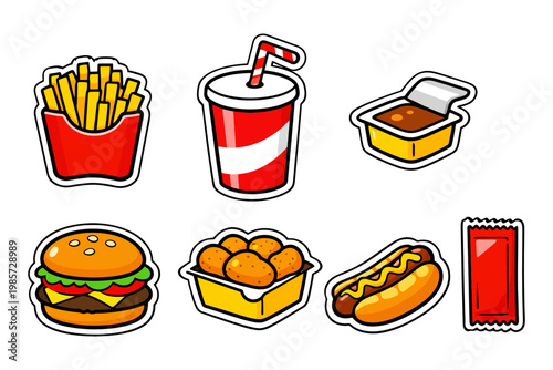 Colorful fast food icons featuring burgers fries drinks and snacks.