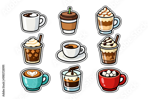 Assorted cartoon coffee cups with varied toppings and designs.