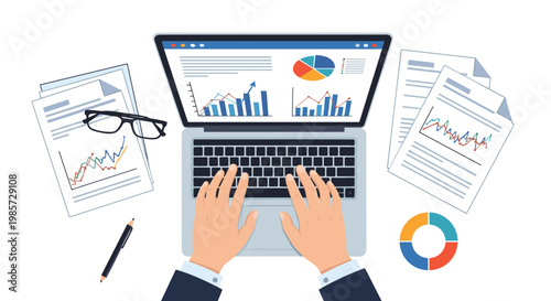 Overhead view of a professional workspace with a person using a laptop showing financial charts, surrounded by documents and glasses on a desk.