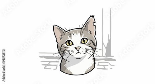 Close-up cartoon tabby cat face with yellow eyes and a chipped ear