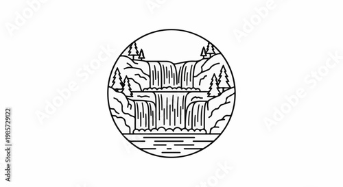 Circular emblem of a tiered waterfall flowing into a calm body of water