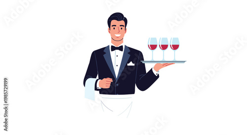 Professional male waiter in a tuxedo holds a silver tray with glasses of red wine, ready to serve guests at a formal event or restaurant.