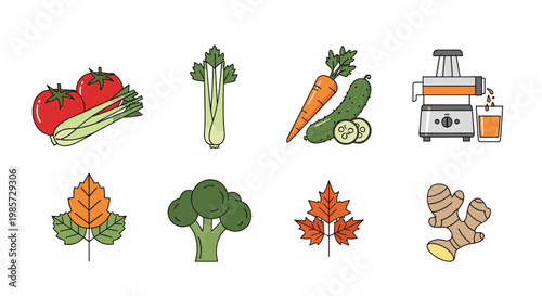 Collection of healthy lifestyle icons featuring fresh vegetables, a green juice machine, ginger root, and colorful autumn leaves.