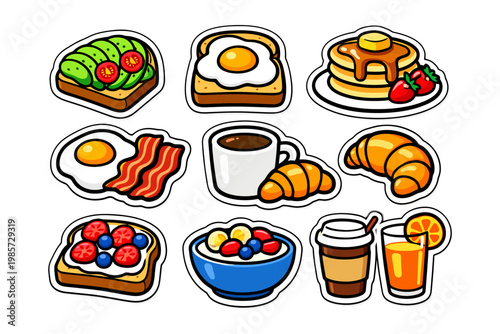 Variety of delicious breakfast doodles featuring pancakes, coffee, eggs, and fresh fruits.