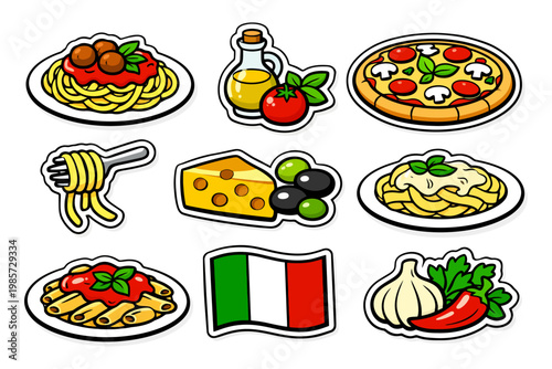 Italian cuisine icons featuring pasta pizza olives and cheese.