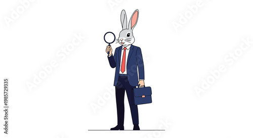 Surreal illustration of a professional businessman with a rabbit head holding a magnifying glass and carrying a blue briefcase.