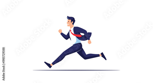 Motivated businessman in a formal suit running fast against a clean white background representing speed and career ambition.