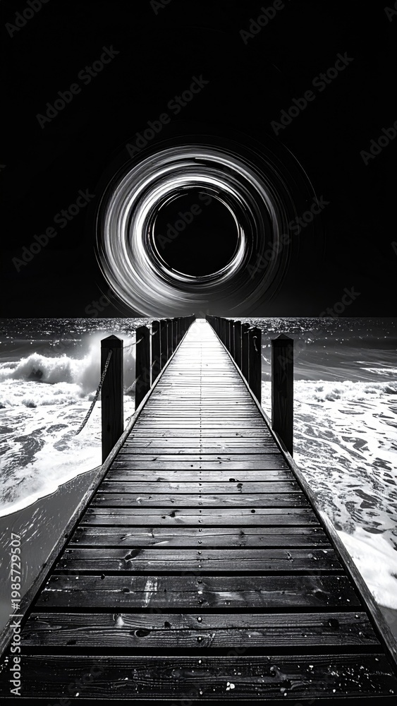 Fototapeta premium Monochrome Wooden Pier Leading to a Swirling Black Hole in the Sky