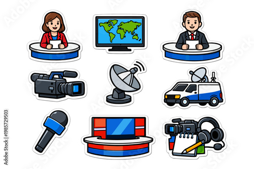 Cartoon news anchors and equipment icons set with satellite van and microphone.