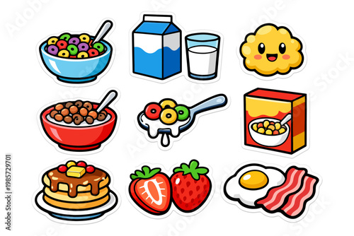 Cute breakfast stickers featuring cereal pancakes milk strawberries and eggs.