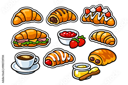 Assorted croissants and pastries with coffee and honey illustration.