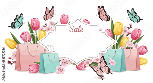 An ornate vector banner with the word 'Sale' is surrounded by shopping bags, butterflies, and pink and yellow tulips against a white background, creating a colorful, cheerful, and inviting