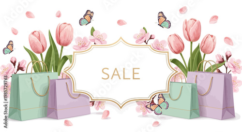 Digital illustration displays shopping bags and pink tulips arranged around a decorative frame with 'SALE' text, complemented by cherry blossoms and butterflies against a clean white