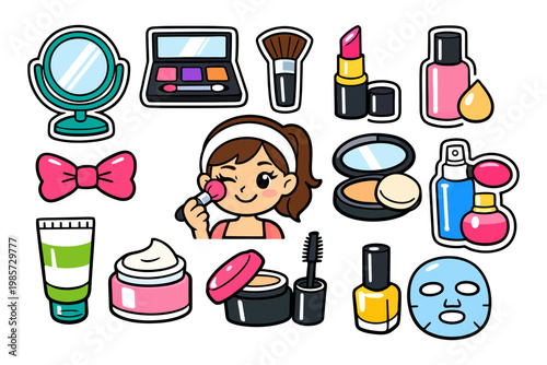 Young caucasian female applying makeup with assorted cosmetics and beauty products.