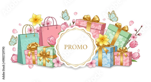 A collection of colorful gift boxes and shopping bags decorated with flowers and butterflies is arranged in a flat lay against a white backdrop, creating a celebratory and vibrant