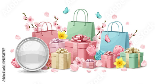 A festive arrangement features pastel-colored gift boxes and shopping bags adorned with delicate floral accents and fluttering butterflies, set against a clean white background