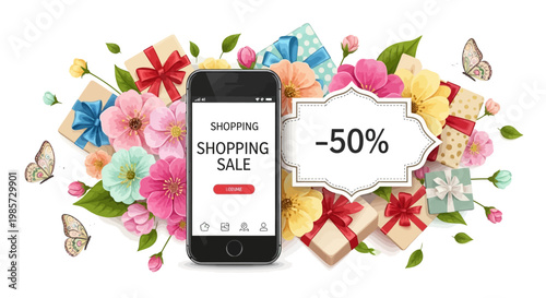 A smartphone displays a shopping sale promotion amidst gift boxes and colorful flowers, presented in a flat lay composition with a clean white background and a vibrant, celebratory mood
