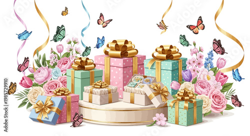 An arrangement of pastel-colored gift boxes adorned with golden ribbons and bows, surrounded by floral decorations and fluttering butterflies against a light background