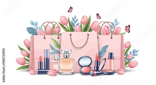 Watercolor illustration featuring pink shopping bags adorned with tulips and butterflies, displaying a selection of beauty products like perfume and lipstick against a clean white