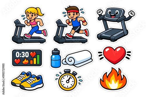 Cartoon fitness icons with young caucasian male and female on treadmills.