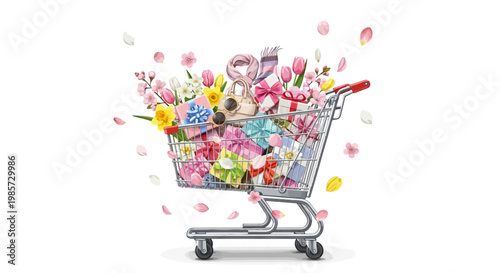 Side view of a shopping cart overflowing with flowers, gifts, and a plush toy, set against a clean white background with delicate pink petals gently falling, creating a cheerful