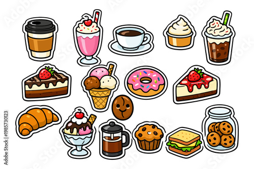 Colorful cartoon desserts and coffee stickers collection.
