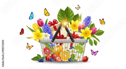 A digital illustration shows a shopping basket overflowing with flowers, fruits, and gifts, surrounded by colorful butterflies, with a vibrant color scheme and against a clean white