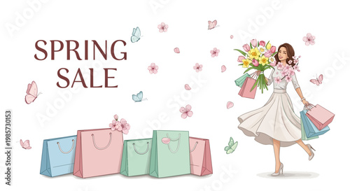 A cheerful woman in a dress is depicted twirling while holding shopping bags and a bouquet of flowers, presented in a vibrant vector illustration with butterflies and a spring sale message